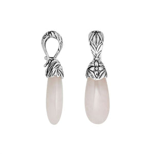 Sterling silver Rose Quartz long drop pendant with floral silver detailing.