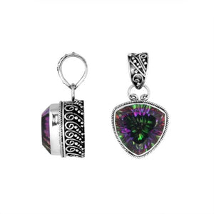Sterling silver Mystic Quartz trillion pendant with detailed Balinese frame.