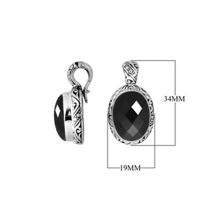 Sterling silver pendant featuring a faceted Black Onyx set in a carved Balinese frame with a polished glossy finish.