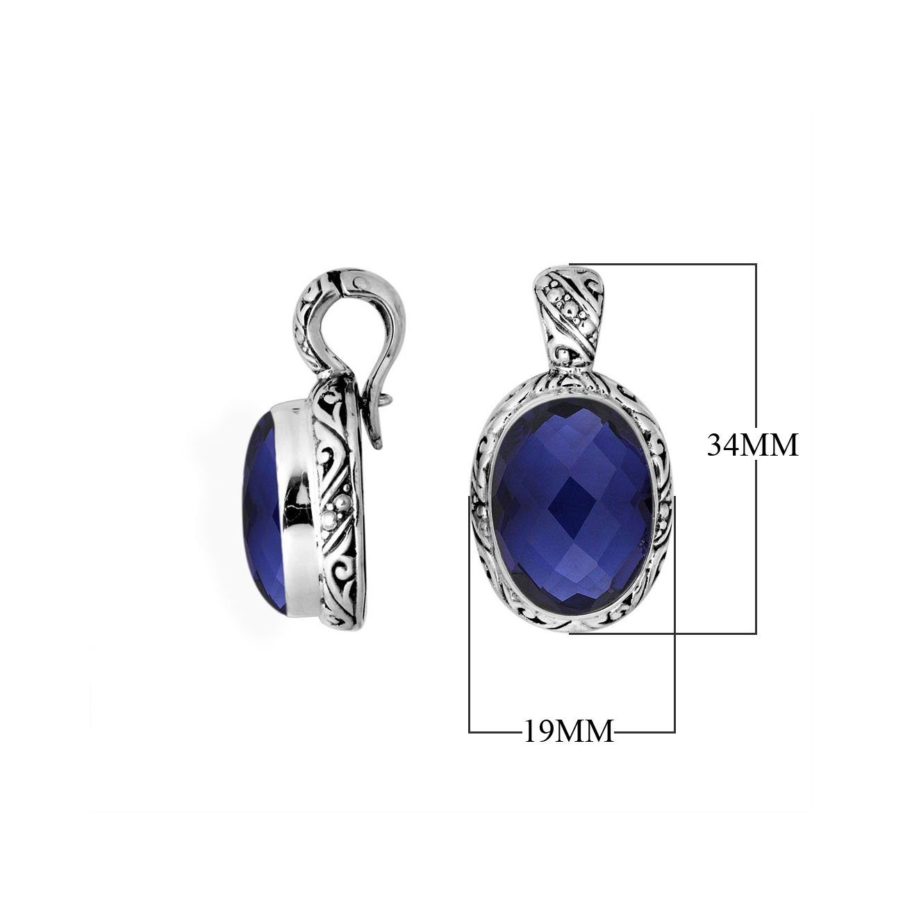 Sterling silver pendant featuring a faceted Blue Sapphire Quartz set in a carved Balinese frame with a polished glossy finish.