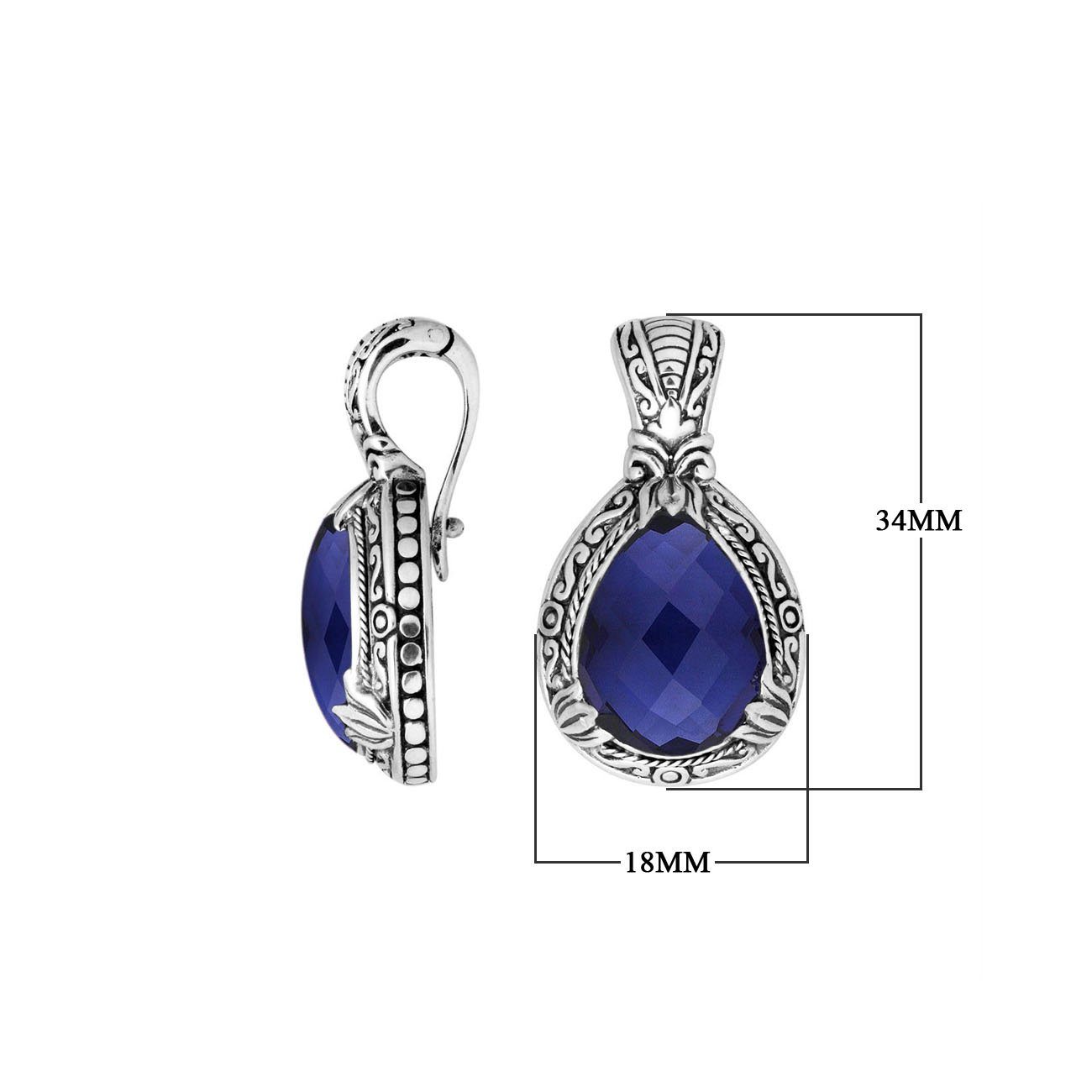 Sterling silver pendant featuring a faceted Sapphire Quartz teardrop set in a carved Balinese frame with a polished glossy finish.
