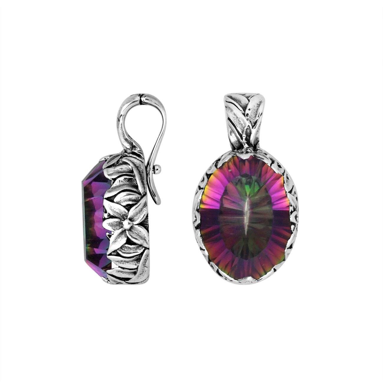 Sterling silver oval-shaped Mystic Quartz pendant with intricate floral detailing and enhancer bail, featuring iridescent hues and polished shine, ideal for wholesale jewelry distributors.