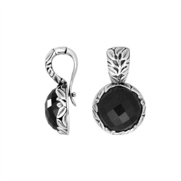 Wholesale sterling silver Black Onyx round pendant with Balinese handicraft design and antique finish handcrafted in Bali