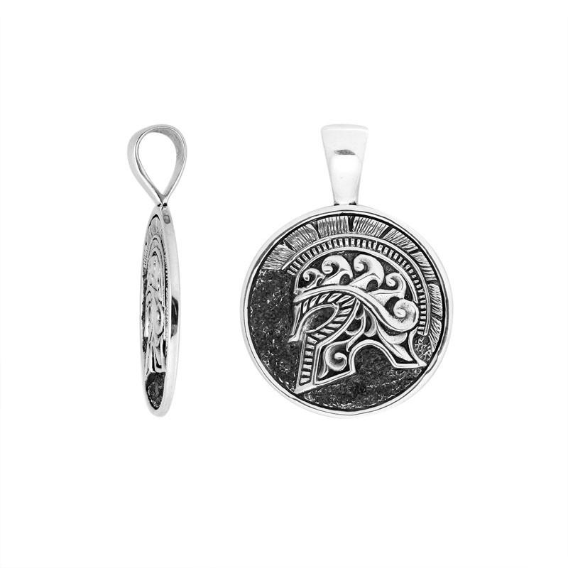 Round sterling silver pendant featuring an engraved warrior helmet design with polished borders and textured detailing suitable for classic wholesale jewelry collections