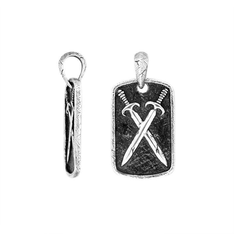 Sterling silver rectangular pendant featuring engraved crossed sword detailing with textured background and polished borders suitable for classic wholesale jewelry collections
