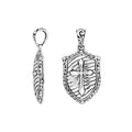 Shield-shaped sterling silver pendant featuring an engraved cross symbol with textured detailing and polished borders suitable for classic wholesale jewelry presentations