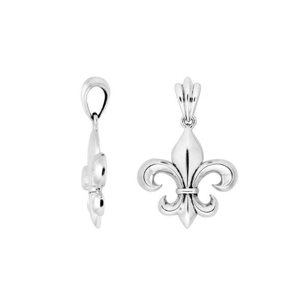 Sterling silver Fleur-De-Lis pendant featuring smooth polished curves, elegant detailing, and a refined classic look ideal for wholesale jewelry selections