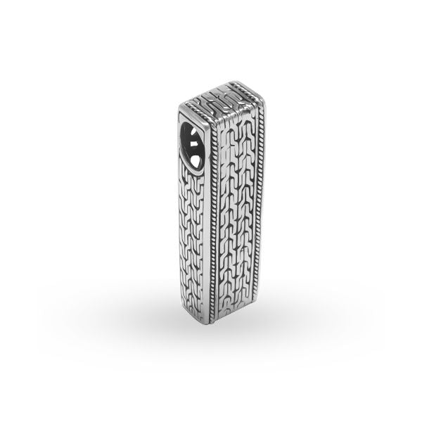 Sterling silver rectangular bar pendant featuring intricate engraved patterns, polished surfaces, and a modern structured design suitable for wholesale jewelry collections