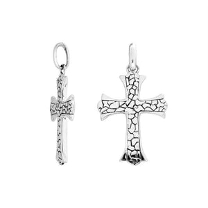 Sterling silver cross pendant featuring a cracked textured pattern, polished edges, and bold symbolic detailing suitable for wholesale jewelry collections