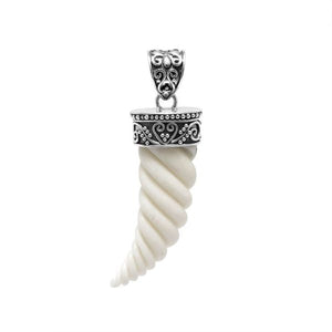 Sterling silver spiral horn bone pendant with decorative Balinese patterned cap and smooth polished finish suitable for classic wholesale jewelry collections