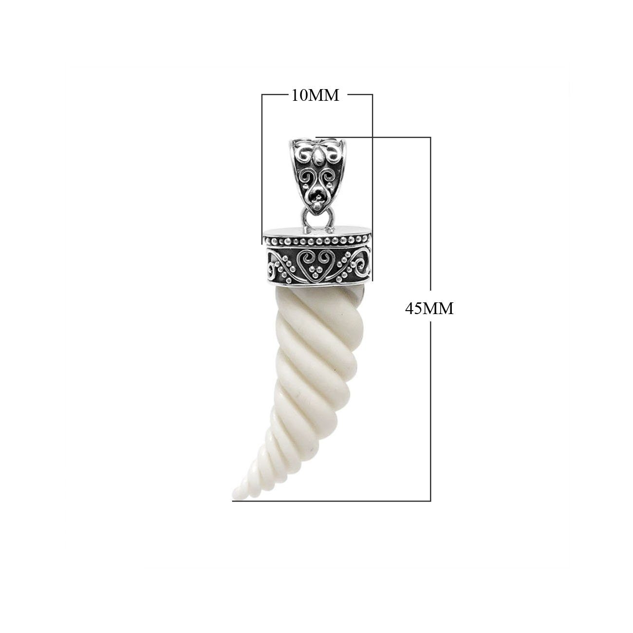 Sterling silver spiral horn bone pendant with decorative Balinese patterned cap and smooth polished finish suitable for classic wholesale jewelry collections