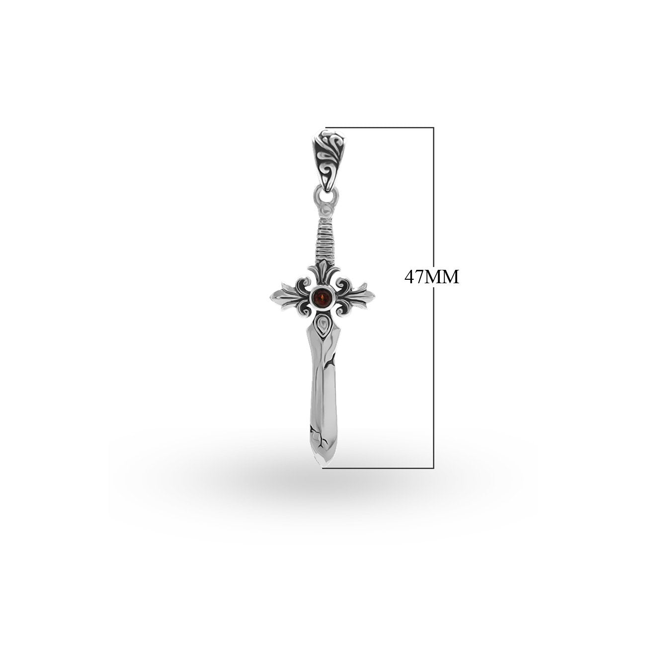 Sterling silver sword-shaped pendant with filigree guard detailing and a Red Garnet Quartz center stone designed for classic wholesale jewelry assortments