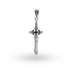 Sterling silver sword-shaped pendant with filigree guard detailing and a Red Garnet Quartz center stone designed for classic wholesale jewelry assortments