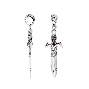 Sterling silver sword pendant featuring carved detailing and a Red Garnet Quartz centerpiece designed for classic wholesale jewelry assortments