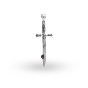 Sterling silver sword-shaped pendant with carved guard detailing and a teardrop Red Garnet Quartz accent designed for classic wholesale jewelry assortments