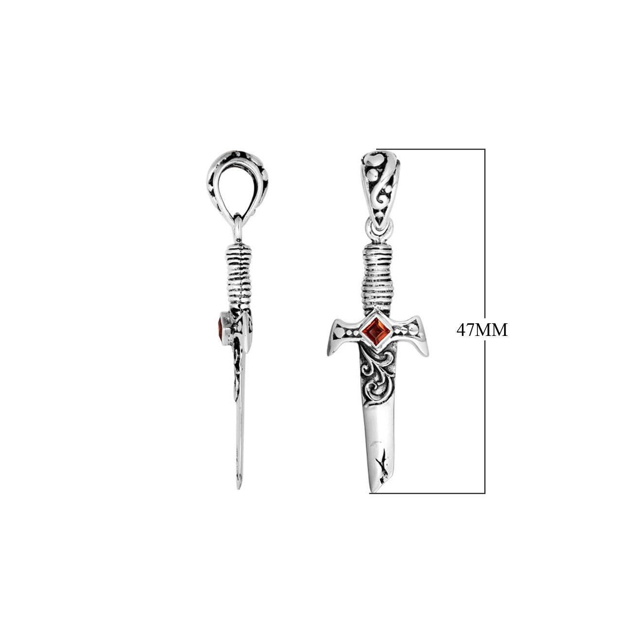 Sterling silver sword pendant with carved guard detailing and a square Red Garnet Quartz centerpiece designed for classic wholesale jewelry assortments