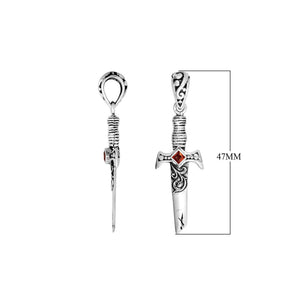 Sterling silver sword pendant with carved guard detailing and a square Red Garnet Quartz centerpiece designed for classic wholesale jewelry assortments