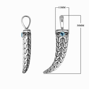 Sterling silver engraved horn pendant with tribal cap design and square Blue Topaz Quartz accent created for classic wholesale jewelry assortments