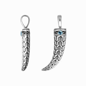 Sterling silver engraved horn pendant with tribal cap design and square Blue Topaz Quartz accent created for classic wholesale jewelry assortments