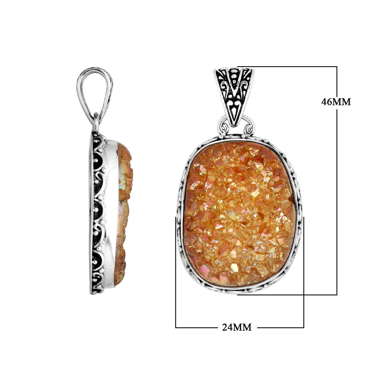 Sterling silver oval pendant with golden Druzy Quartz and ornate Balinese bezel detailing.