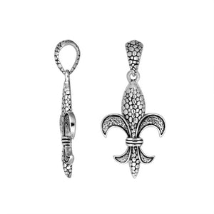 Wholesale sterling silver Fleur de Lis pendant with textured detailing.