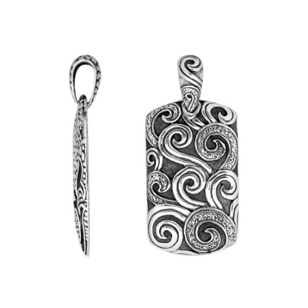 Wholesale sterling silver rectangle pendant with intricate swirl carving.