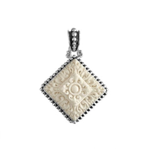 Wholesale sterling silver square pendant with carved bone centerpiece.