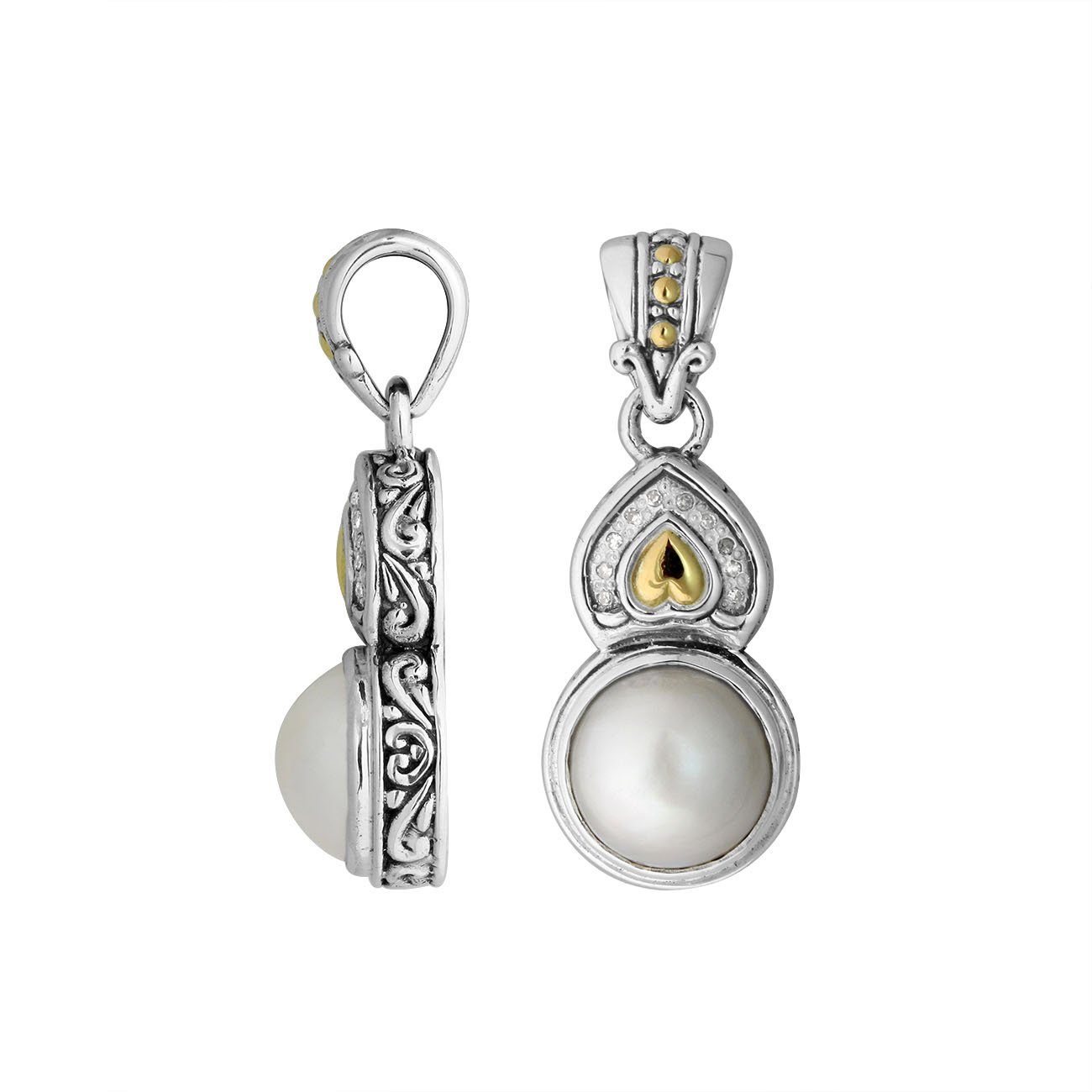 Teardrop silver pendant with pearl, gold details, and diamond accents