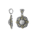 A wholesale sterling silver and 18K gold floral sunburst pendant featuring a diamond-studded center, intricate Balinese motifs, and oxidized two-tone detailing ideal for bulk jewelry orders.