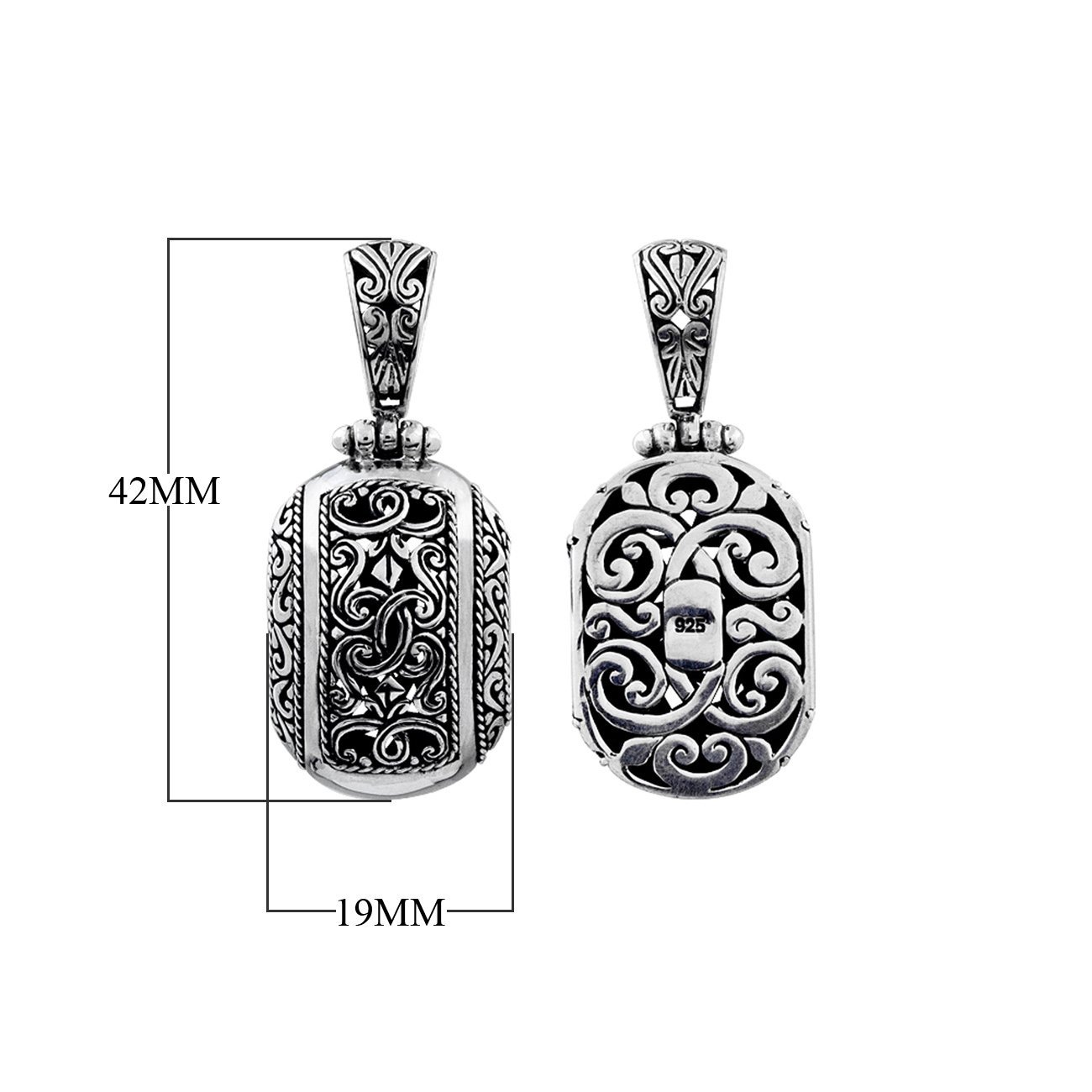A wholesale Silver Overlay Over Copper oval pendant featuring ornate Balinese scrollwork, oxidized detailing, polished highlights, and a refined silver overlay design ideal for bulk jewelry buyers.