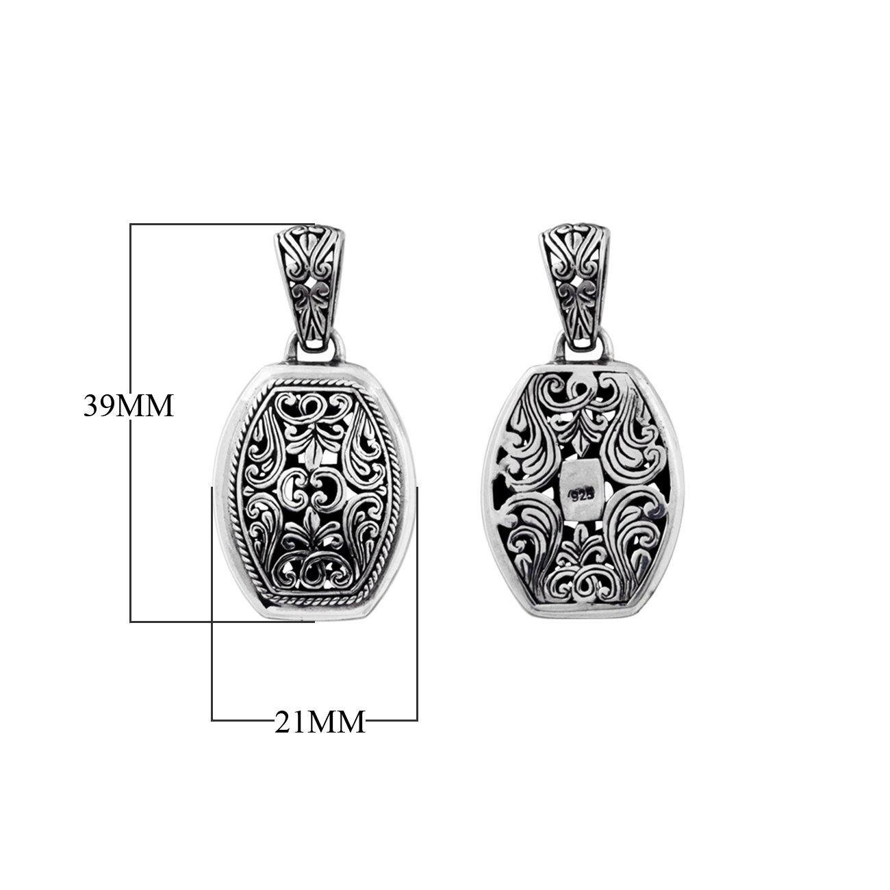 A wholesale Silver Overlay Over Copper oval pendant featuring detailed Balinese scrollwork, oxidized antique textures, polished overlay accents, and traditional filigree artistry ideal for bulk jewelry buyers.