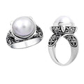 Wholesale sterling silver Bali ring with white Mabe Pearl cabochon and handcrafted filigree design – artisan bulk jewelry.