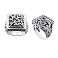 Wholesale sterling silver square signet ring with Balinese scrollwork design, oxidized and polished finish, handcrafted artisan silver jewelry for bulk supply.