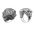 Wholesale sterling silver ornate round filigree ring with Balinese scrollwork, oxidized details, and polished finish, handcrafted artisan jewelry for bulk orders.