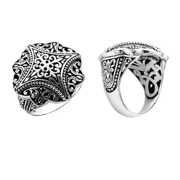 Wholesale sterling silver ornate round filigree ring with Balinese scrollwork, oxidized details, and polished finish, handcrafted artisan jewelry for bulk orders.