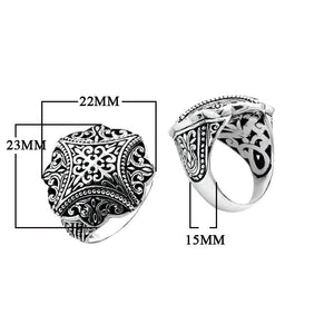 Wholesale sterling silver ornate round filigree ring with Balinese scrollwork, oxidized details, and polished finish, handcrafted artisan jewelry for bulk orders.