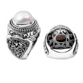 Wholesale sterling silver Bali ring with white freshwater Mabe Pearl and intricate handcrafted scrollwork design.