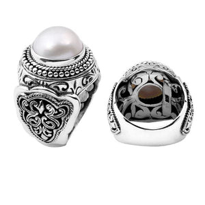 Wholesale sterling silver Bali ring with white freshwater Mabe Pearl and intricate handcrafted scrollwork design.