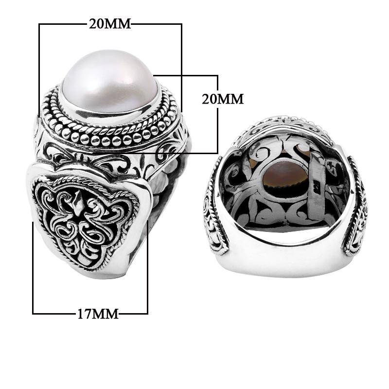 Wholesale sterling silver Bali ring with white freshwater Mabe Pearl and intricate handcrafted scrollwork design.