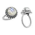 Wholesale sterling silver Bali ring with faceted Rainbow Moonstone and twisted rope band.