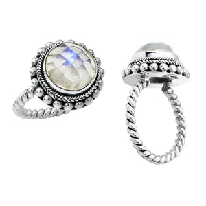Wholesale sterling silver Bali ring with faceted Rainbow Moonstone and twisted rope band.