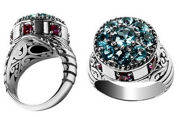 Wholesale sterling silver cluster ring with blue topaz quartz and ruby accents – bulk artisan statement jewelry for resellers.