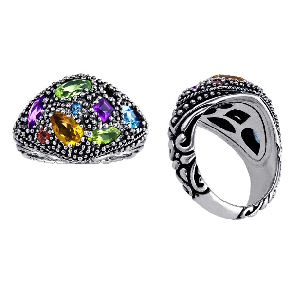 Wholesale sterling silver dome ring with amethyst quart, citrine quart, peridot quart, blue topaz quart, and garnet quart, handcrafted with Bali-inspired beaded detailing – artisan statement jewelry for resellers and bulk buyers.