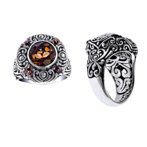 Sterling silver wholesale ring with smoky quartz center and smoky quartzsmoky quartz accents, handcrafted with ornate Balinese scrollwork design.