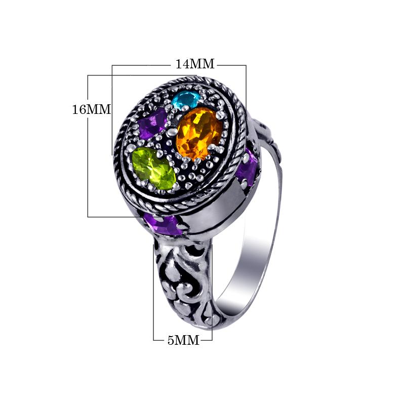 Wholesale sterling silver multi-quartz Bali ring with Amethyst Q., Citrine Q., Blue Topaz Q., and Peridot Q. handcrafted artisan jewelry for bulk orders and retailers.