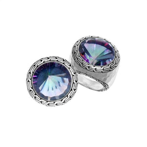 Wholesale sterling silver Mystic Topaz Quartz ring with round rainbow-hued quartz, artisan bezel setting, and Bali-inspired detailing, ideal for bulk jewelry orders.