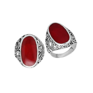 Wholesale sterling silver oval Red Coral Shell ring with intricate Bali filigree design and oxidized finish, handcrafted artisan Shell jewelry for bulk orders.