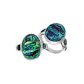 Wholesale sterling silver oval Abalone Shell ring with side inlays, handcrafted artisan jewelry featuring iridescent shell in .925 silver for bulk orders.