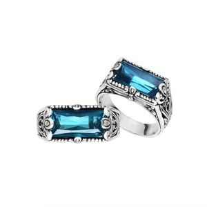 Wholesale sterling silver rectangular London Blue Topaz Quartz ring with faceted Quartz and handcrafted Bali-inspired detailing, artisan jewelry for bulk orders.