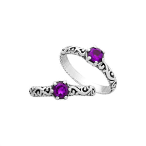 Bulk sterling silver filigree rings with round amethyst quartz, handcrafted Balinese design, 925 silver wholesale jewelry supply.